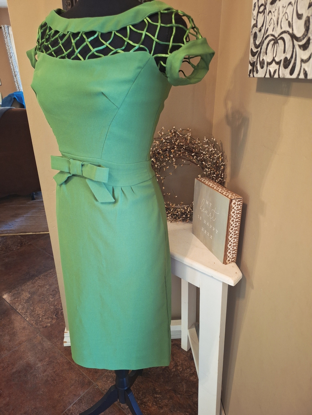 Tatyana Alika Green Retro Bow Dress with Lattice Yoke XS